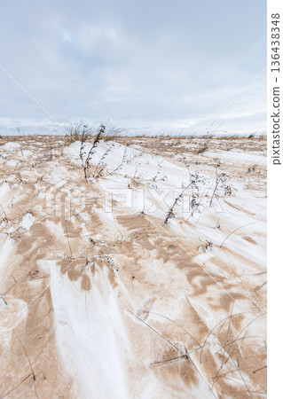 Snow covered sand dunes stretch across a winter beach 136438348