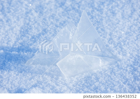 Top view of sharp ice fragments rising from powdery snow Top view of sharp ice fragments rising from powdery snow 136438352
