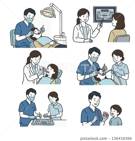 一組牙科診所檢查和治療場景的插圖 136438366
