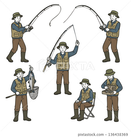 一組戶外運動插畫，描繪了男人們享受釣魚的場景。 136438369