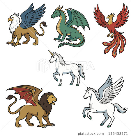 一套奇幻插畫，描繪了傳說中的生物和神話中的野獸 136438371