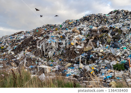 A large landfill site overflows with plastic and debris, illustrating the urgent need for recycling and waste management efforts to protect the earth A large landfill site overflows with plastic and debris, illustrating the urgent need for recycling and waste management efforts to protect the earth 136438400