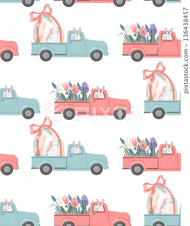 Pink and blue vintage pickup truck with first flowers, Easter eggs, and happy bunny driver. Seamless Baby Gender Reveal Pattern. Spring Background. Vector illustration 136438457