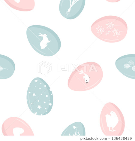 Easter seamless pattern with pink and blue decorated easter eggs. Gender Party Baby Boy or Girl Reveal Background. Vector illustration. Easter seamless pattern with pink and blue decorated easter eggs. Gender Party Baby Boy or Girl Reveal Background. Vector illustration. 136438459