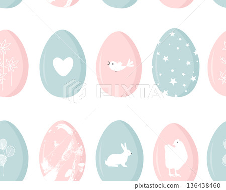 Easter seamless pattern with pink and blue decorated easter eggs. Gender Party Baby Boy or Girl Reveal Background. Vector illustration 136438460