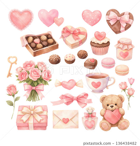 Pink heart and rose Valentine illustration set Pink heart and rose Valentine illustration set 136438482