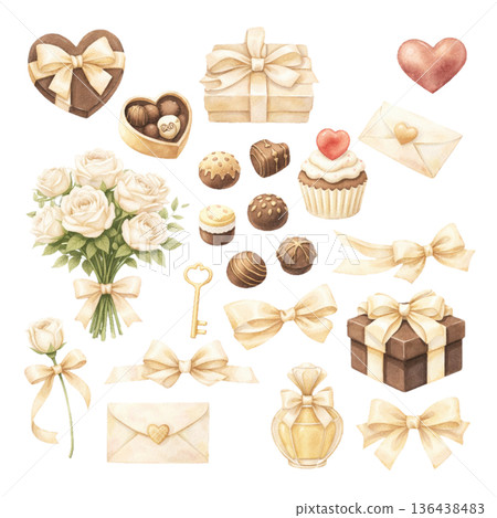 米色情人節禮物和玫瑰水彩套裝 136438483
