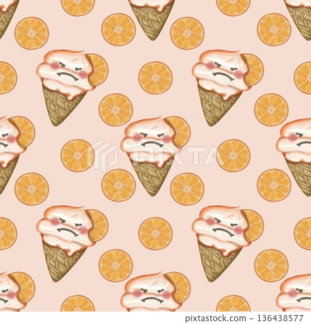 Seamless pattern of fruit Ice Cream cartoon waffle cones. Hand drawn watercolor illustration. For menus, labels, paper, textiles and seasonal fabric. Seamless pattern of fruit Ice Cream cartoon waffle cones. Hand drawn watercolor illustration. For menus, labels, paper, textiles and seasonal fabric. 136438577