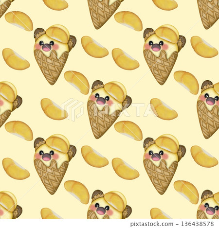 Seamless pattern of fruit Ice Cream cartoon waffle cones. Hand drawn watercolor illustration. For menus, labels, paper, textiles and seasonal fabric. Seamless pattern of fruit Ice Cream cartoon waffle cones. Hand drawn watercolor illustration. For menus, labels, paper, textiles and seasonal fabric. 136438578