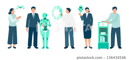 描繪辦公室工作人員與各種人工智慧助理協同工作的插圖，展現了未來工作場所中各種人工智慧共存的景象。 136438586