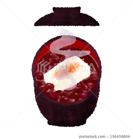 Steaming rice cake soup in a bowl with a lid - watercolor touch Steaming rice cake soup in a bowl with a lid - watercolor touch 136438604