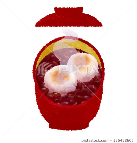 Steaming round rice cake sweet soup in a bowl with a lid_Watercolor touch 136438605