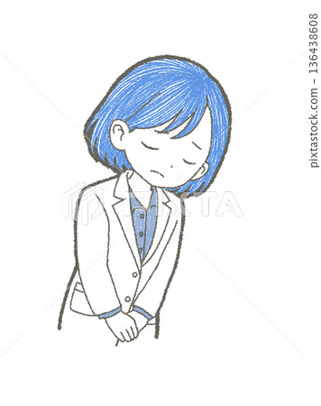 手繪插圖，描繪了一位身穿白大褂的女醫護人員低頭。 136438608