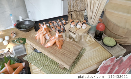 Crab stick sashimi, Japanese food on wood plate. Sliced Japanese food crab stick sashimi display for photo shooting. 136438621