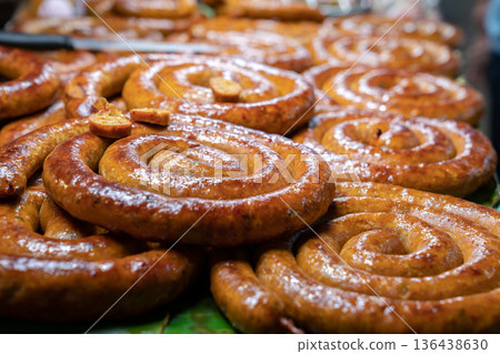 Sai Aua, Northern Thailand Spicy Sausage is a famous Traditional Local saurage cooked with curry and herb, lay on shop and ready for sales. 136438630
