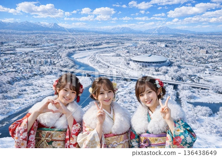 Snowy scenery overlooking the Japan Total Green Dome Maebashi from Maebashi Prefectural Office 136438649