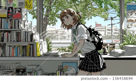 High school girl choosing a book at a bookstore High school girl choosing a book at a bookstore 136438694