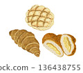 Melon bread, croissant, and cream bun drawn in a crayon style 136438755