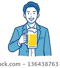 一位穿著西裝的男士舉杯暢飲啤酒。半身像插圖。 136438763