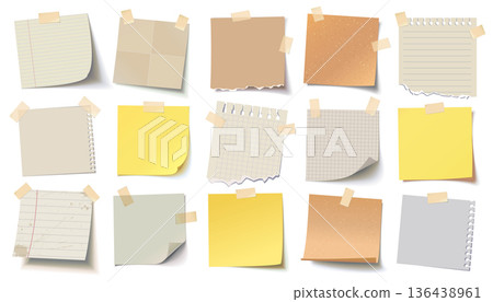 Set of sticky notes and torn paper sheets in various shapes and textures, attached with tape Set of sticky notes and torn paper sheets in various shapes and textures, attached with tape 136438961