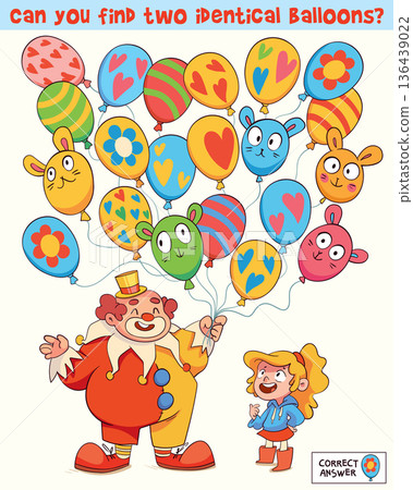 Find two identical balloons. Fun printable activity for kids. Spot it 136439022