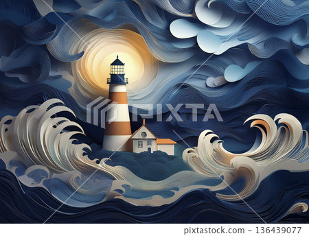 Cut paper collage of a lighthouse in stormy weather with rough seas, wind and storm clouds 136439077