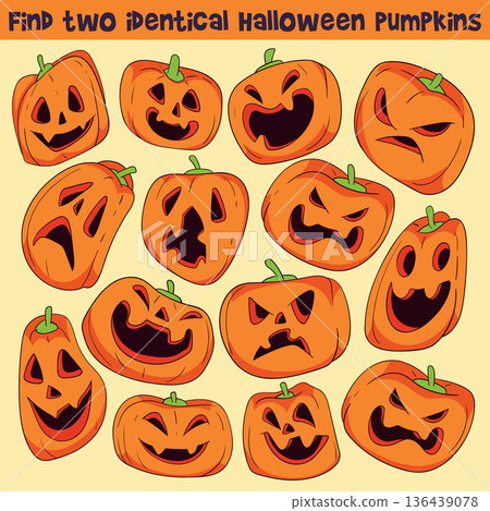 Find two identical jack o' lanterns. Educational game for kids 136439078