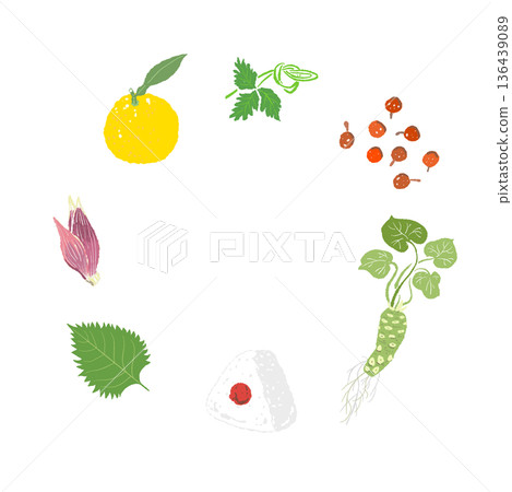 飯糰和調味品組成的花環圖案，日式料理套裝，包括柚子和芥末。 136439089