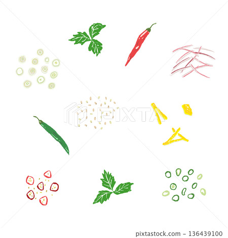 Various condiment scattered pattern background illustration Japanese food topping material 136439100