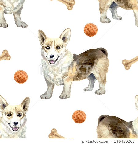 Dogs seamless pattern. Corgi standing next to a bone and a red ball. Hand drawn watercolor illustration. Vector clip art for postcards, wrapping paper, wallpaper and fabric. 136439203