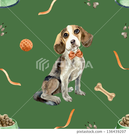 Dog seamless pattern. Beagle sitting next to a bone, ball and red ribbon. Hand drawn watercolor illustration. Vector clip art for postcards, wrapping paper, wallpaper and fabric. 136439207