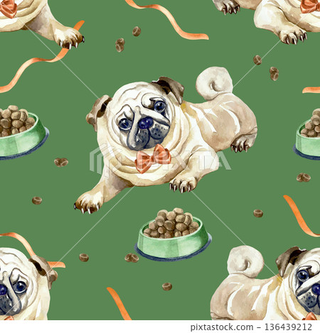 Dog seamless pattern. Pug lying with a food bowl and a red ribbon. Hand drawn watercolor illustration. Vector clip art for postcards, wrapping paper, wallpaper and fabric. Dog seamless pattern. Pug lying with a food bowl and a red ribbon. Hand drawn watercolor illustration. Vector clip art for postcards, wrapping paper, wallpaper and fabric. 136439212