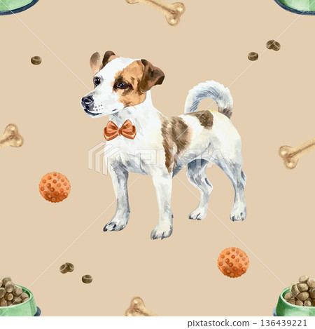Dog seamless pattern. Jack Russell terrier, food in a bowl, red toy ball and bone. Hand drawn watercolor illustration. Vector clip art for postcards, wrapping paper, wallpaper and fabric. Dog seamless pattern. Jack Russell terrier, food in a bowl, red toy ball and bone. Hand drawn watercolor illustration. Vector clip art for postcards, wrapping paper, wallpaper and fabric. 136439221