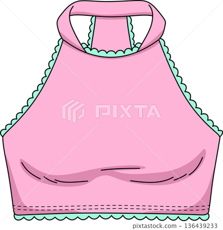 Minimalist Hand Drawn Illustration of a Pink Halter Neck Crop Top with Mint Green Ruffles for Gen Z Fashion and Summer Apparel Design Minimalist Hand Drawn Illustration of a Pink Halter Neck Crop Top with Mint Green Ruffles for Gen Z Fashion and Summer Apparel Design 136439233