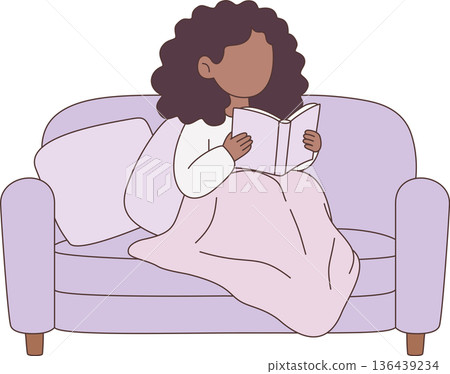 Illustration of a Woman Reading a Book on a Cozy Sofa Under a Blanket for Relaxation 136439234