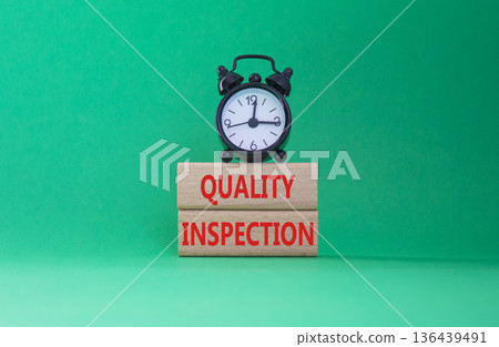 Quality Inspection symbol. Concept word Quality Inspection on wooden blocks. Beautiful green background with alarm clock. Business and Quality Inspection concept. Copy space 136439491