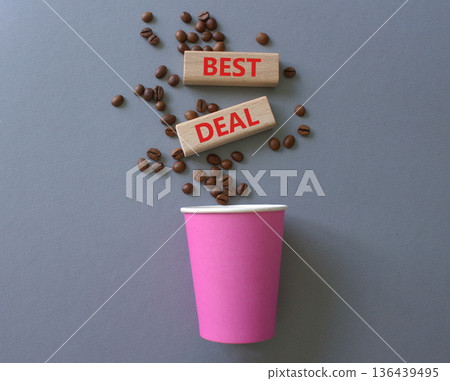 Best Deal symbol. Concept words Best Deal on beautiful wooden picture frame. Beautiful grey background with coffee cup and coffee beans. Business and Best Deal concept. Copy space. 136439495