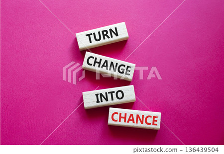 Change and Chance symbol. Concept words Turn Change Into Chance on wooden blocks. Beautiful bright red background. Business and Turn Change Into Chance concept. Copy space. 136439504