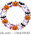 A circular Halloween frame featuring pumpkins, ghosts, and bats arranged in a soft circle. 136439585
