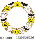 A circular Halloween frame featuring pumpkins, ghosts, and bats arranged in a soft circle. 136439586