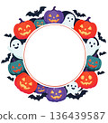 A circular Halloween frame featuring pumpkins, ghosts, and bats arranged in a soft circle. 136439587