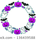 A circular Halloween frame featuring pumpkins, ghosts, and bats arranged in a soft circle. 136439588