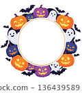 A circular Halloween frame featuring pumpkins, ghosts, and bats arranged in a soft circle. 136439589