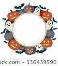 A circular Halloween frame featuring pumpkins, ghosts, and bats arranged in a soft circle. 136439590