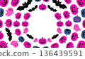A circular Halloween frame featuring pumpkins, ghosts, and bats arranged in a soft circle. 136439591