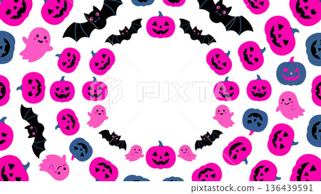 A circular Halloween frame featuring pumpkins, ghosts, and bats arranged in a soft circle. 136439591