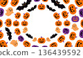 A circular Halloween frame featuring pumpkins, ghosts, and bats arranged in a soft circle. 136439592