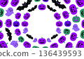 A circular Halloween frame featuring pumpkins, ghosts, and bats arranged in a soft circle. 136439593