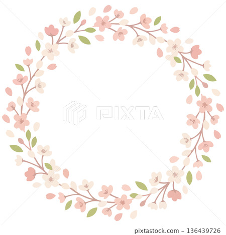 A wreath frame that evokes the arrival of spring, with soft, fluttering cherry blossom petals creating a delicate circle. 136439726