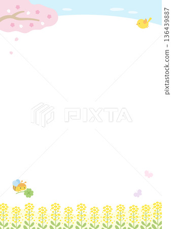 Cherry blossoms, rape blossoms and spring blue sky background illustration, vertical 136439887